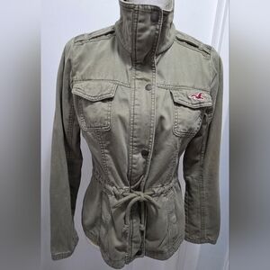 Women’s Hollister Army Green Utility Jacket Medium Full Zip Pockets Drawstring